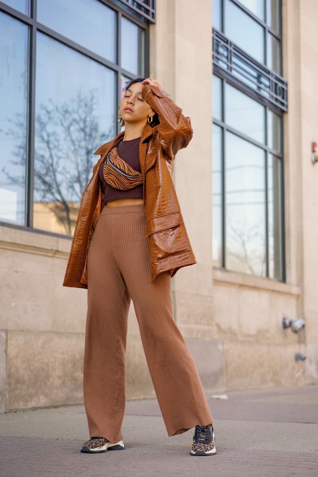 Glossy Brown Patent Jacket with Knit Pants — Brown Outfits