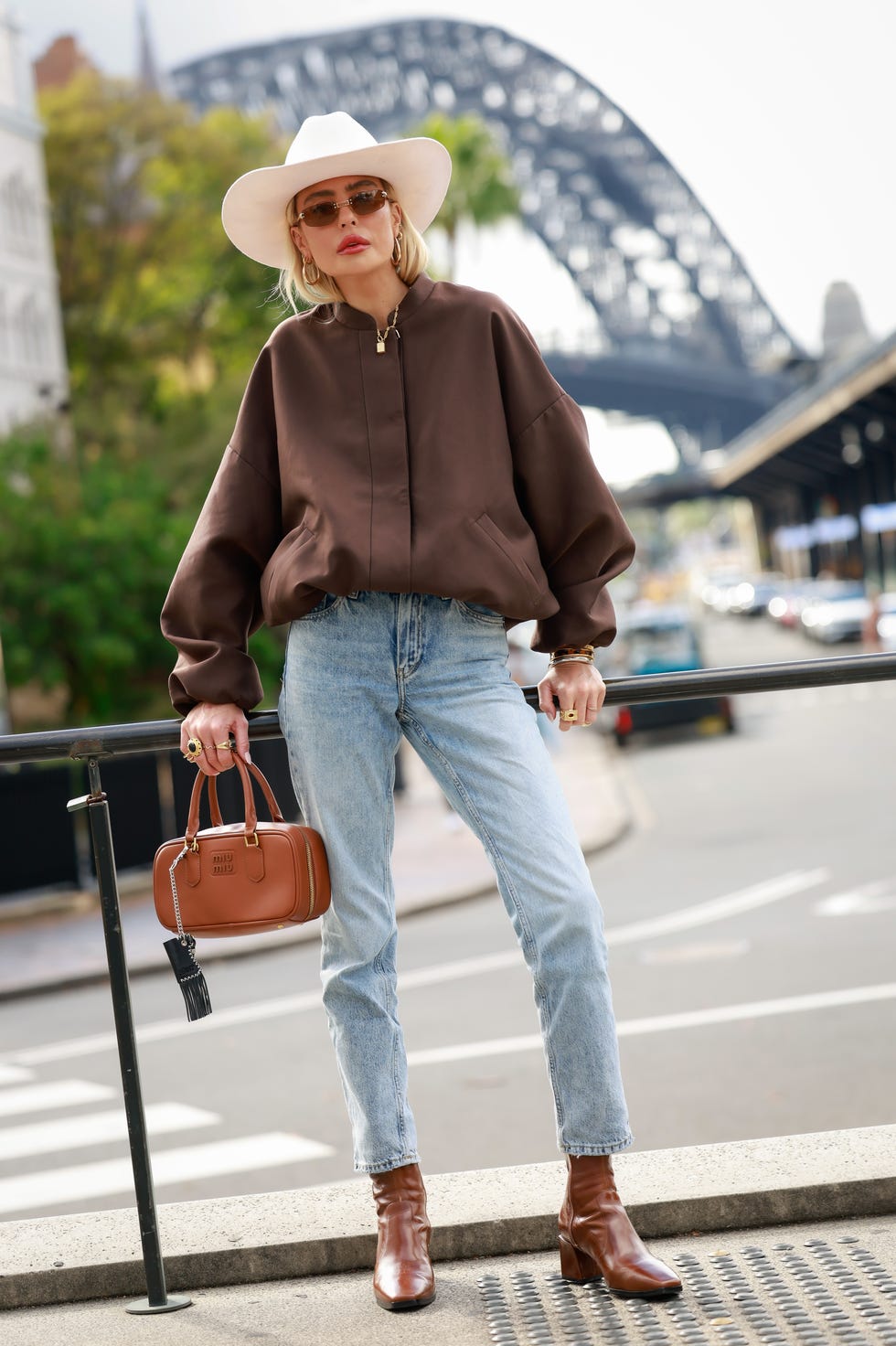 Oversized Brown Bomber Jacket with Light Blue Jeans — Brown Outfits