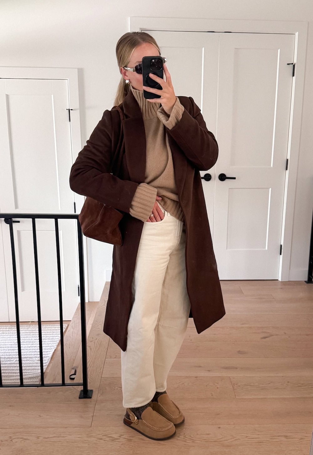 Brown Suede Coat with Beige Turtleneck and Cream Trousers — Brown Outfits