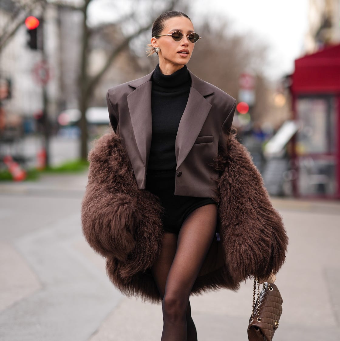 Brown Cropped Blazer with Faux Fur Coat — Brown Outfits