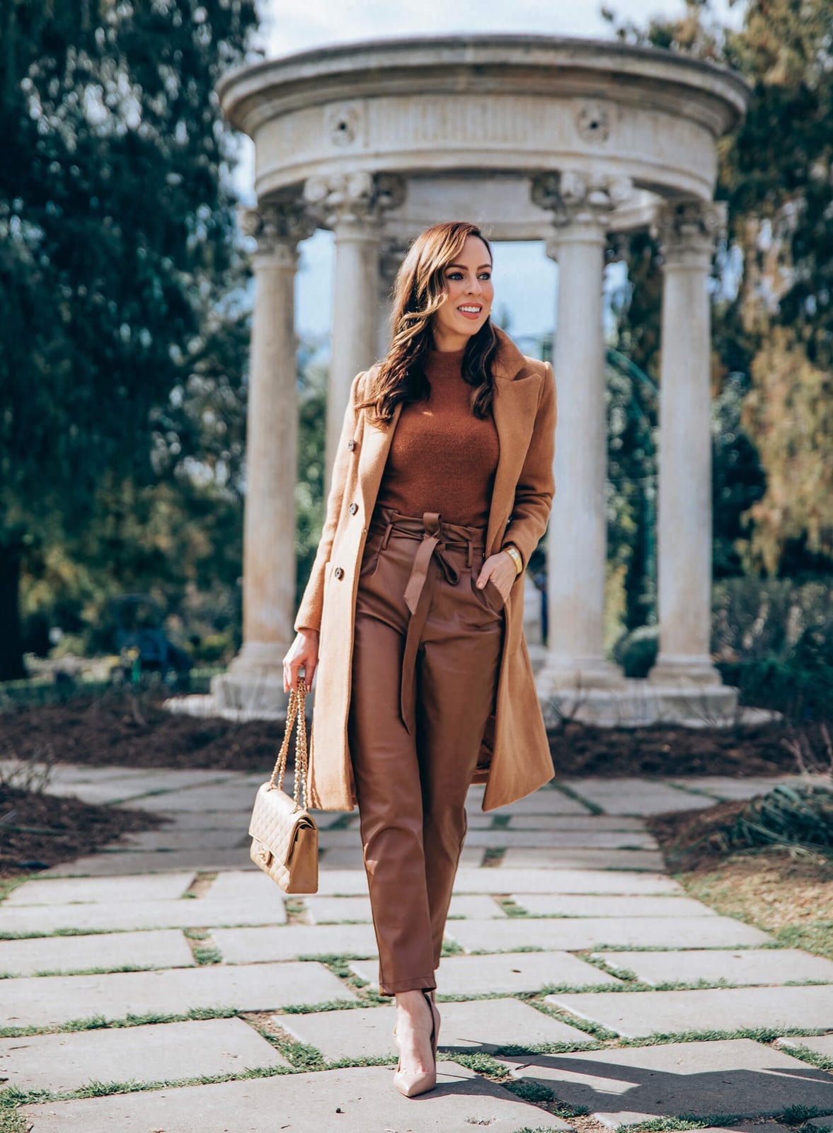 Camel Coat Over Brown Turtleneck and Paperbag Trousers — Brown Outfits