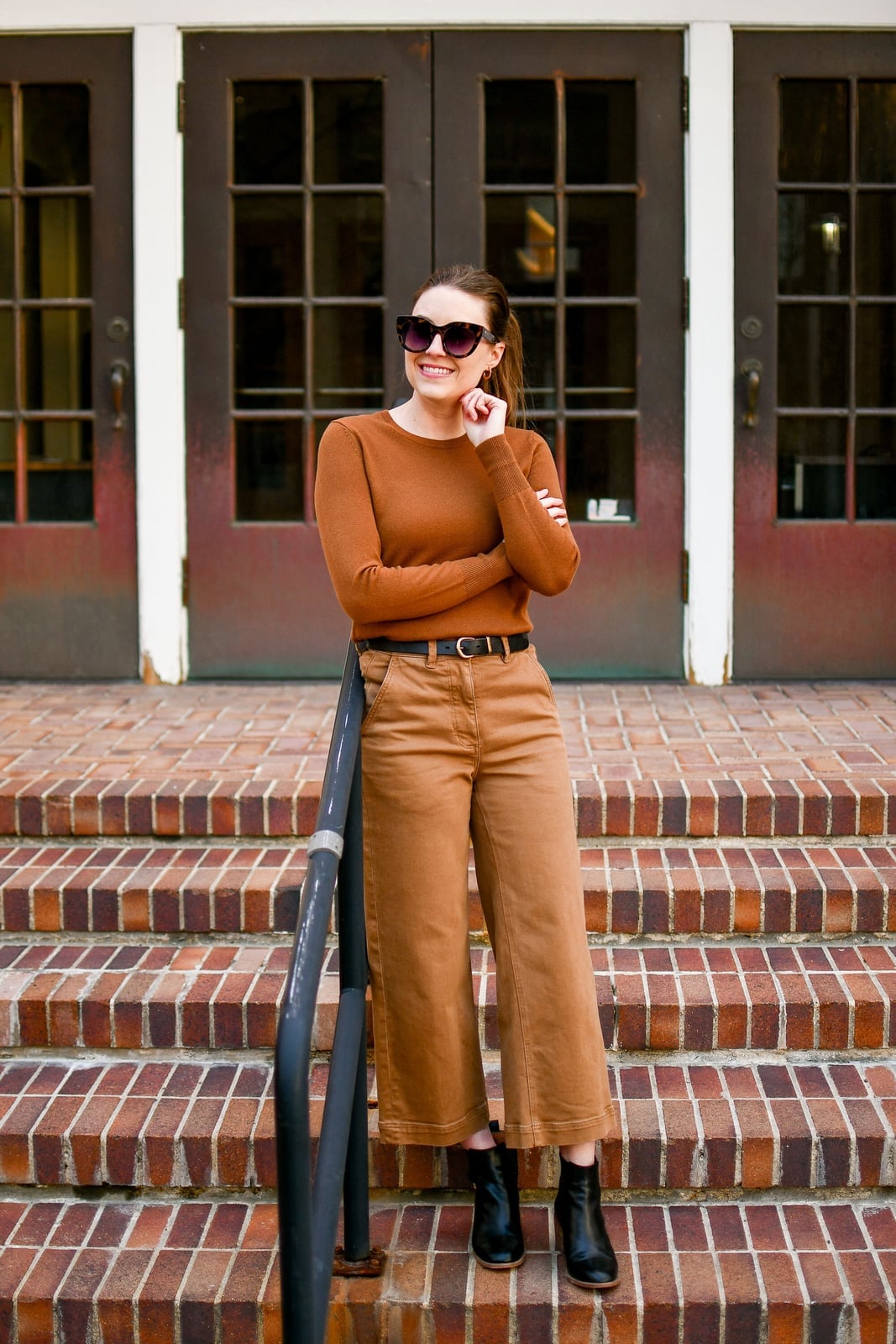 Brown Sweater and Cropped Wide-Leg Pants Set With Black Ankle Boots — Brown Outfits