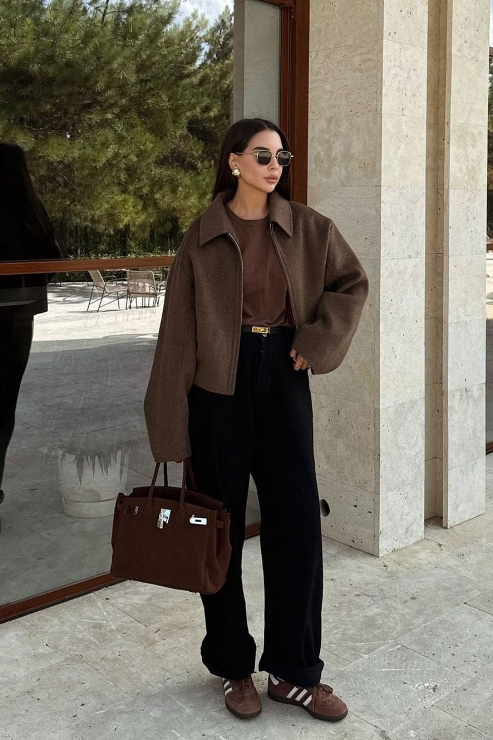 Cropped Brown Jacket with Black Wide-Leg Pants and Wool Blend — Brown Outfits