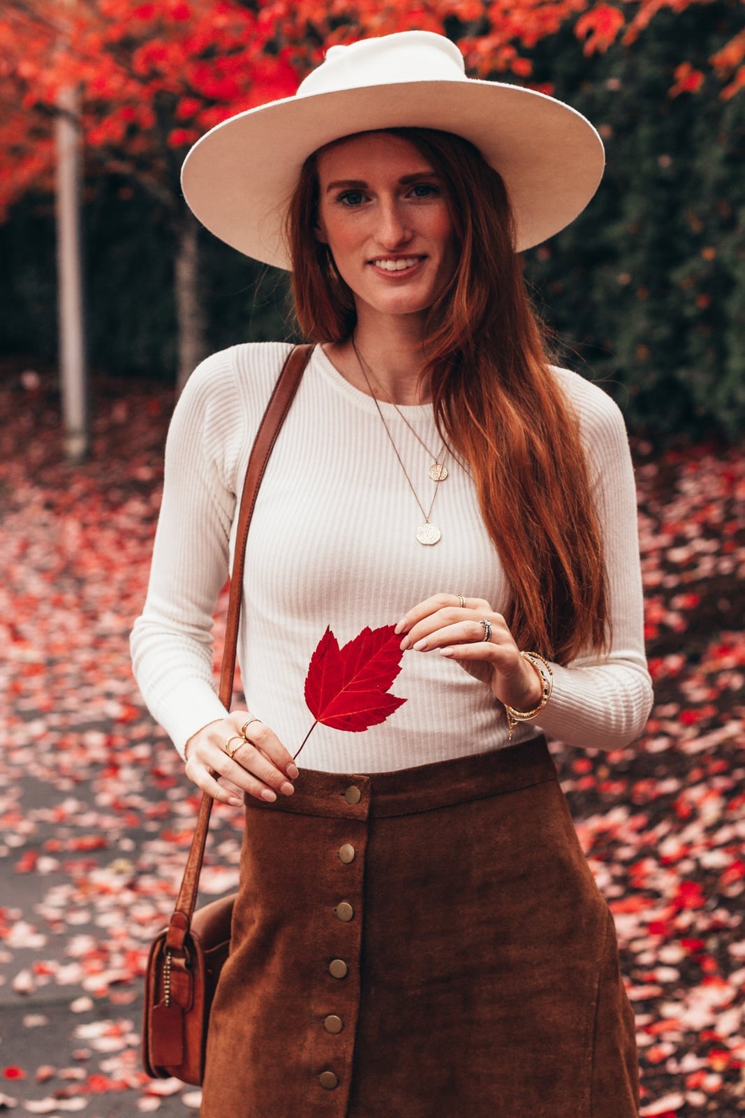 Brown Suede A-Line Skirt with White Ribbed Top — Brown Outfits