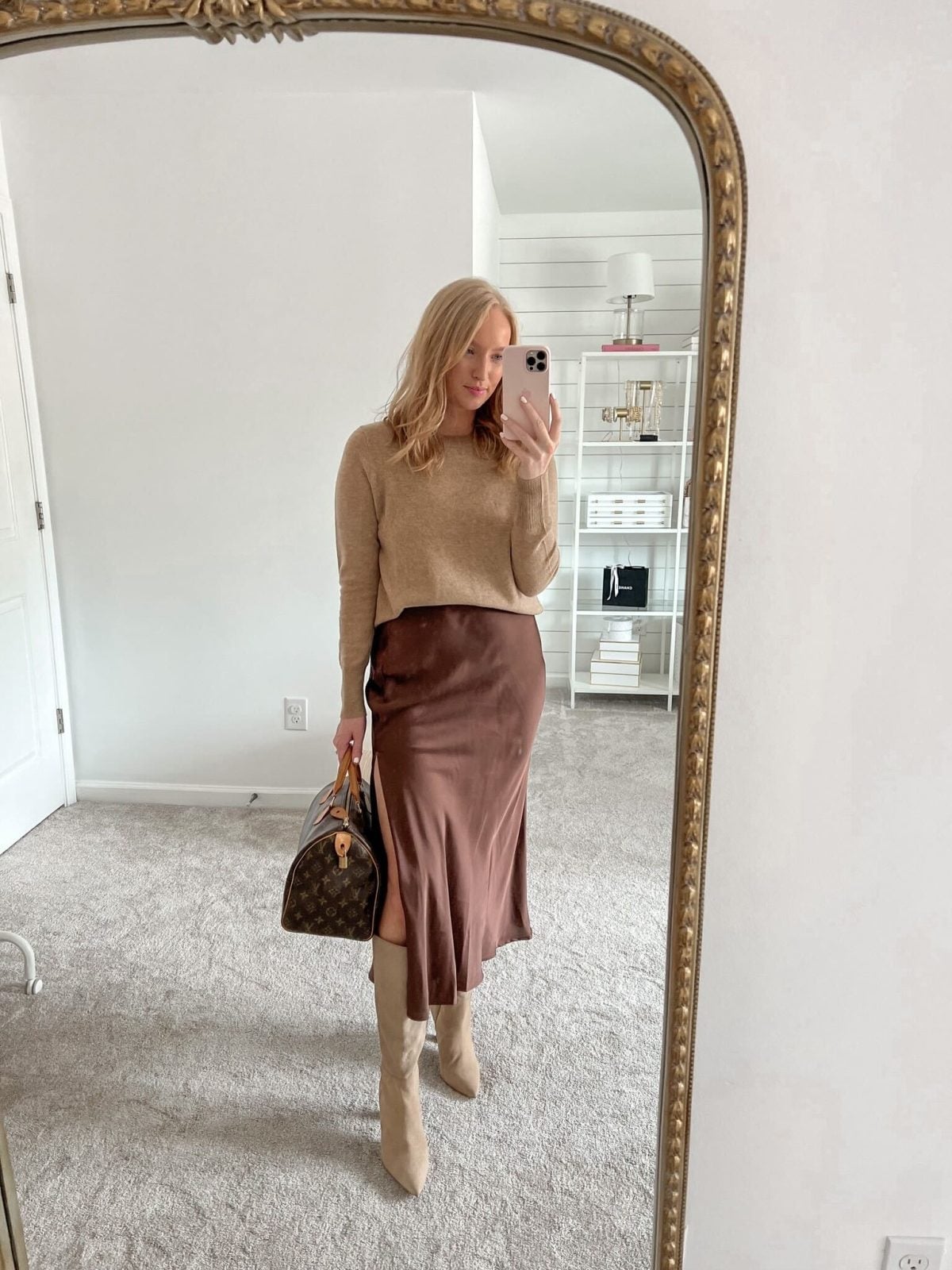 Beige Turtleneck with Brown Satin Midi Skirt and Fitted Sweater — Brown Outfits