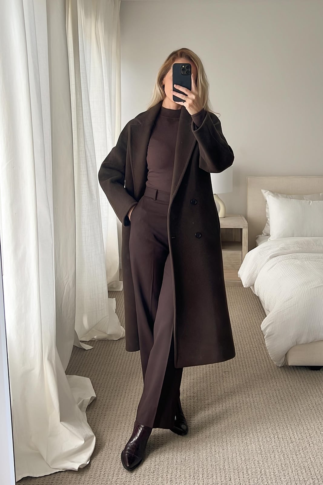 Monochromatic Brown Wool Coat and Wide-Leg Pants — Brown Outfits