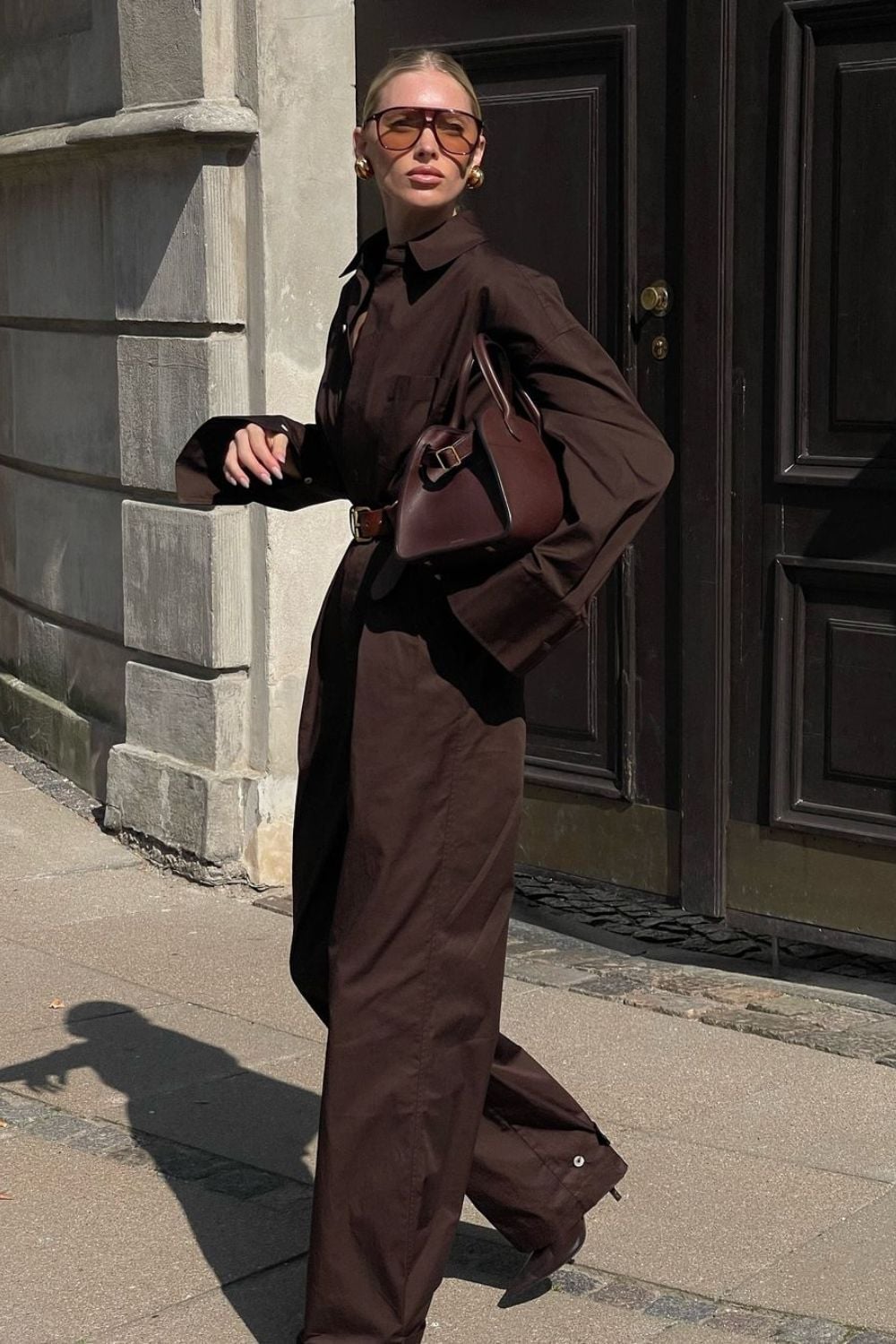 Brown Collared Jumpsuit in Oversized Silhouette — Brown Outfits