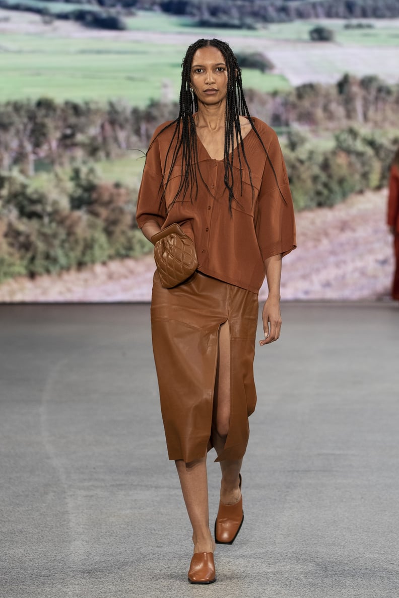 Brown Silk Cardigan with Leather Midi Skirt — Brown Outfits