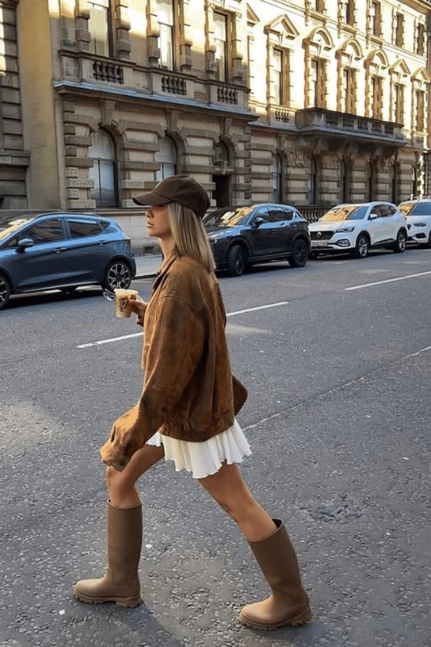 Oversized Brown Jacket with White Pleated Mini Skirt — Brown Outfits