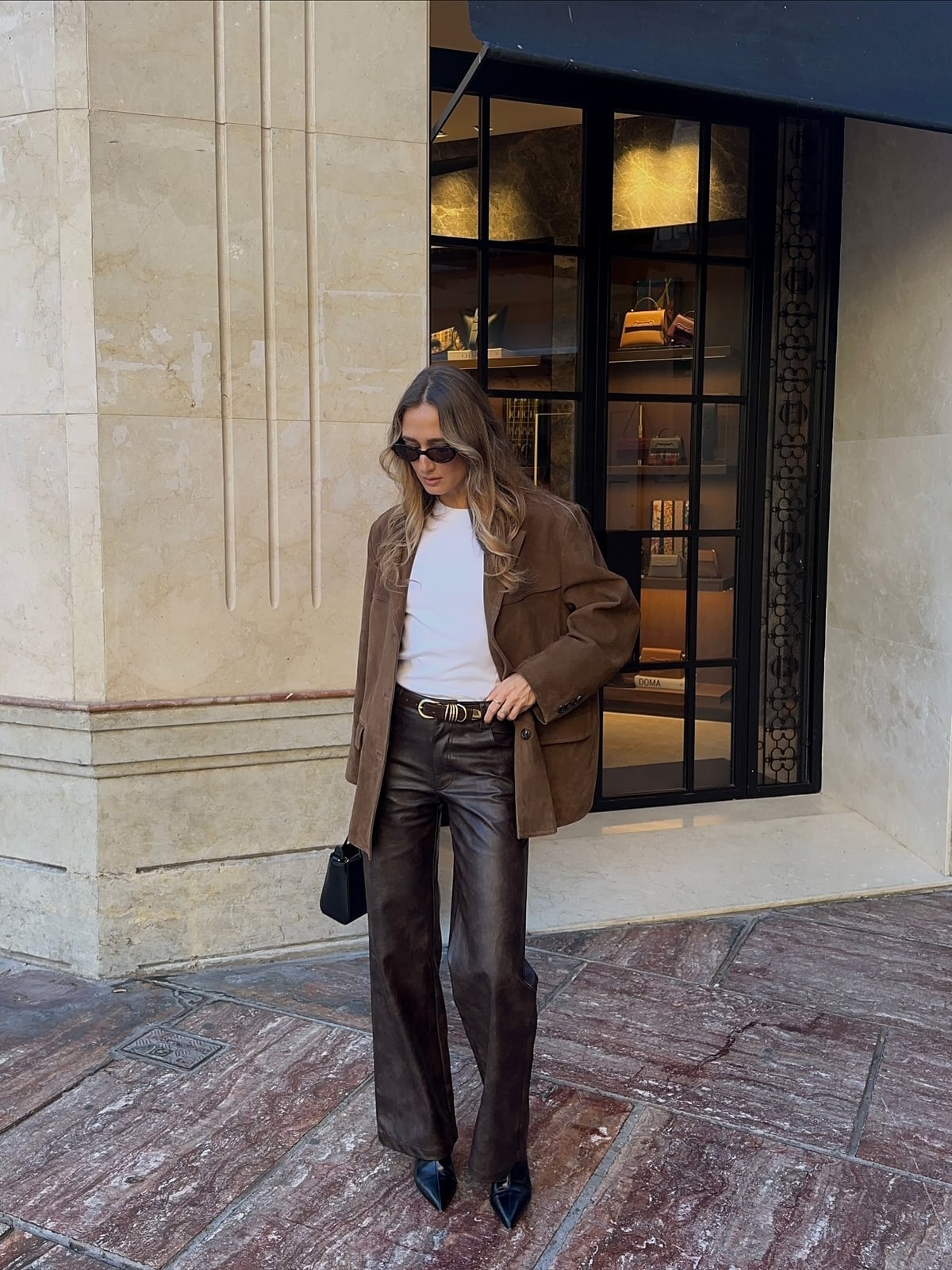 Oversized Blazer and Leather-Look Trousers Create a Smart Casual Look — Brown Pants Outfits