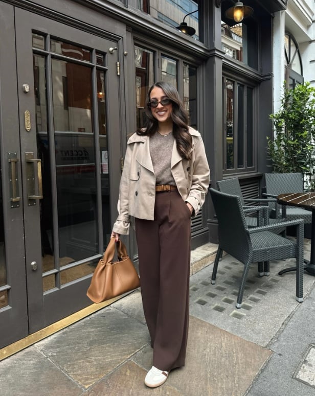 Wide-leg Brown Trousers with a Cropped Trench Coat — Brown Pants Outfits