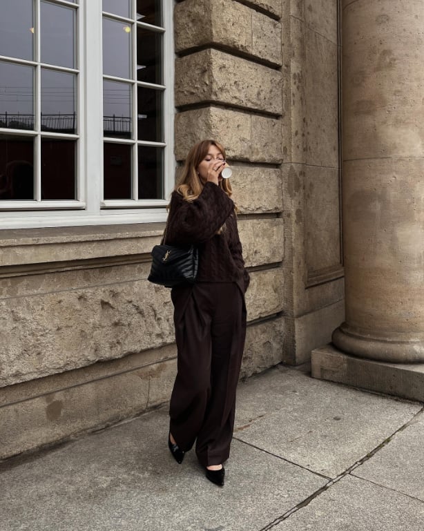 Monochromatic Brown Satin Trousers and Cable-Knit Sweater — Brown Pants Outfits