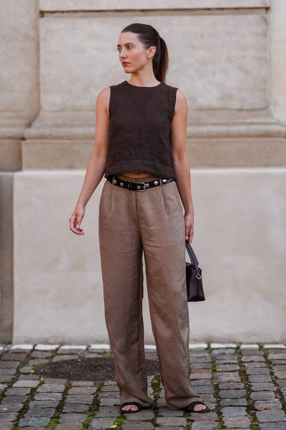 Light Brown Linen Trousers with a Darker Brown Top — Brown Pants Outfits