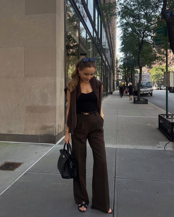 Dark Brown Trousers with a Sweater Vest and Black Accessories — Brown Pants Outfits