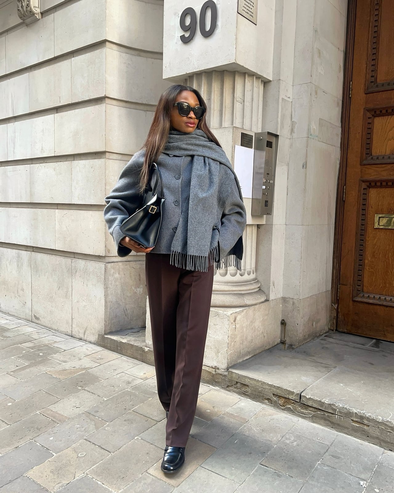 Brown Tailored Trousers with Matching Gray Outerwear — Brown Pants Outfits