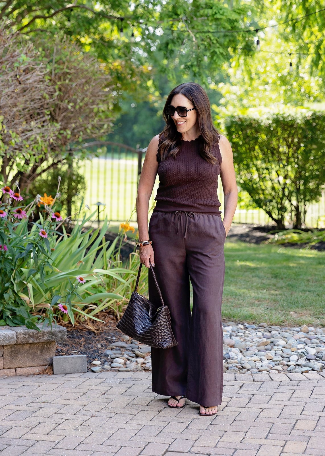 Brown Linen Trousers with a Scalloped Knit Top — Brown Pants Outfits