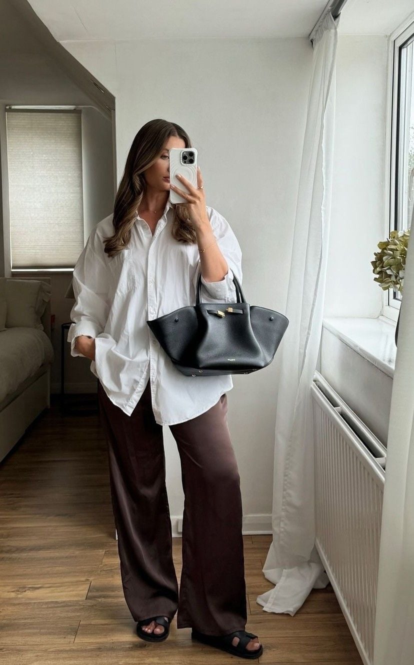 Wide-leg Brown Trousers with an Oversized White Shirt, Close-Up Take — Brown Pants Outfits