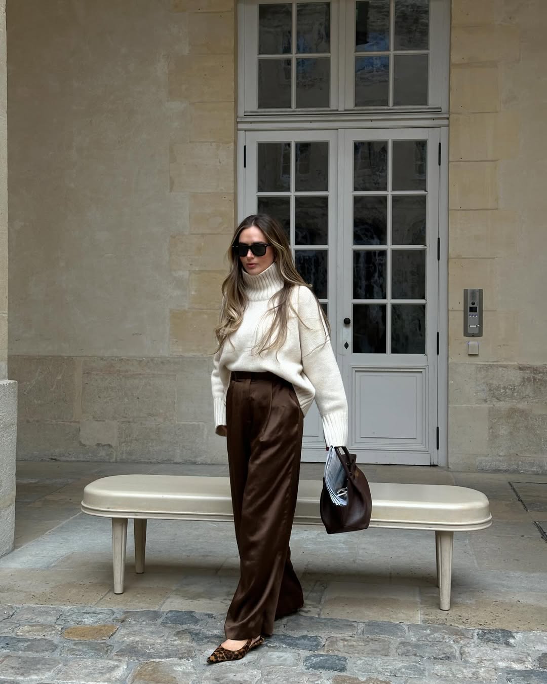 Cream Turtleneck Pairs with Brown Satin Wide-Leg Pants — Brown Pants Outfits