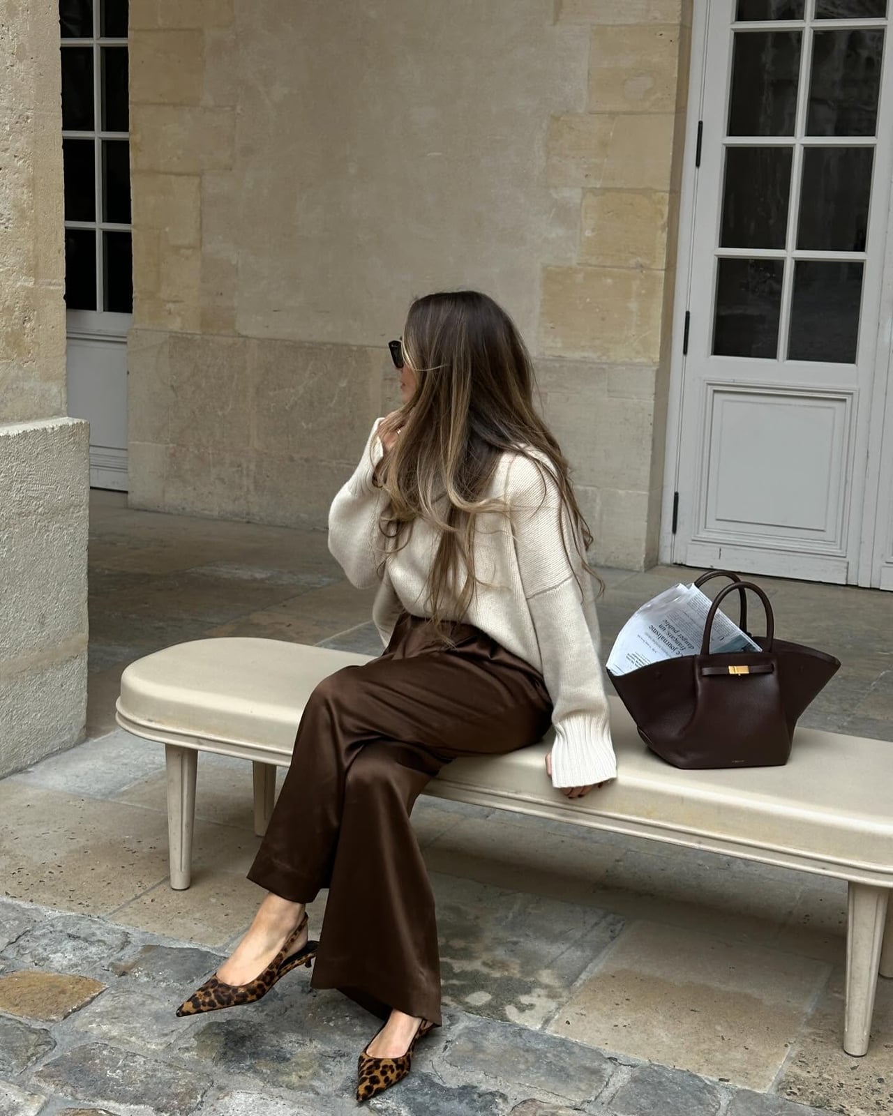 Glossy Brown Satin Trousers with a Knit Sweater — Brown Pants Outfits