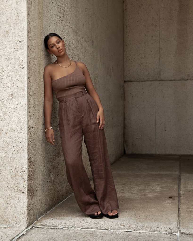 Monochromatic Brown Linen Trousers and One-Shoulder Top — Brown Pants Outfits