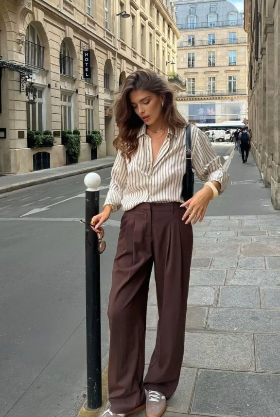 Brown Pleated Trousers with a Striped Button-Down Shirt — Brown Pants Outfits
