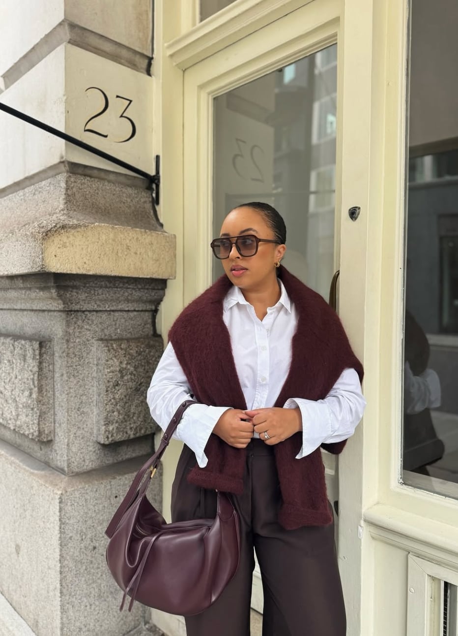Straight-leg Brown Trousers with a White Shirt and Scarf — Brown Pants Outfits