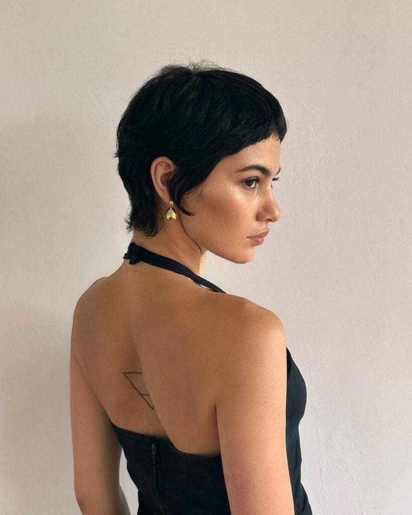 Dark Brown Pixie With Textured Layers and Fringe