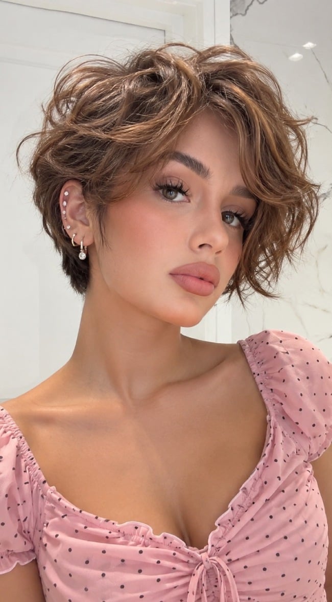 Medium Brown Pixie Bob With Voluminous Curtain Bangs