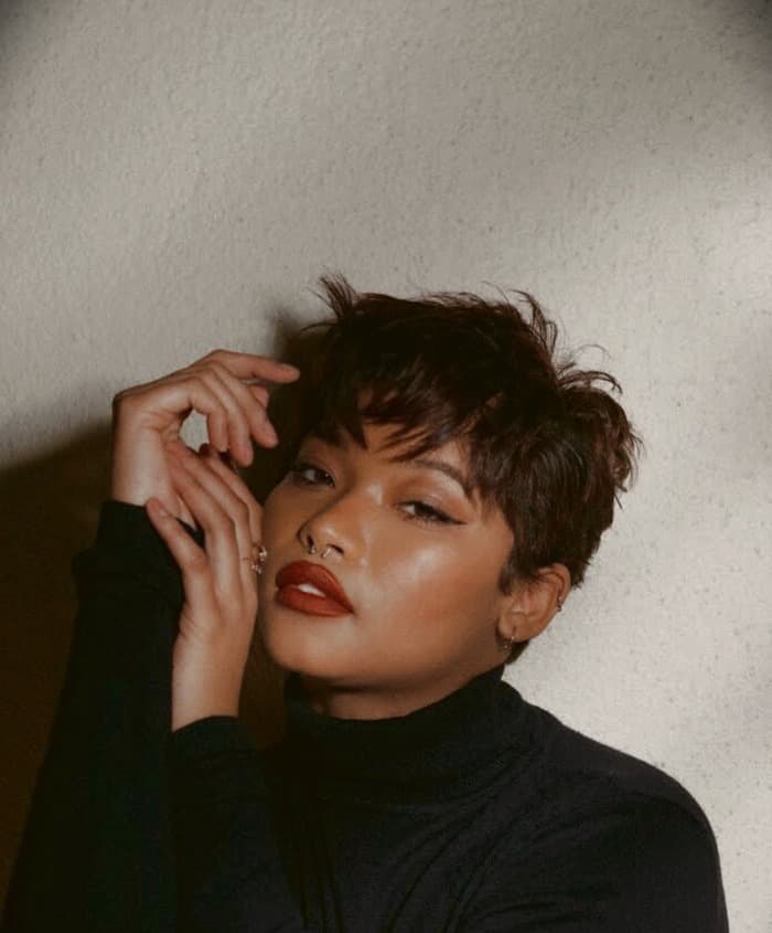 Dark Brown Pixie With Choppy Bangs
