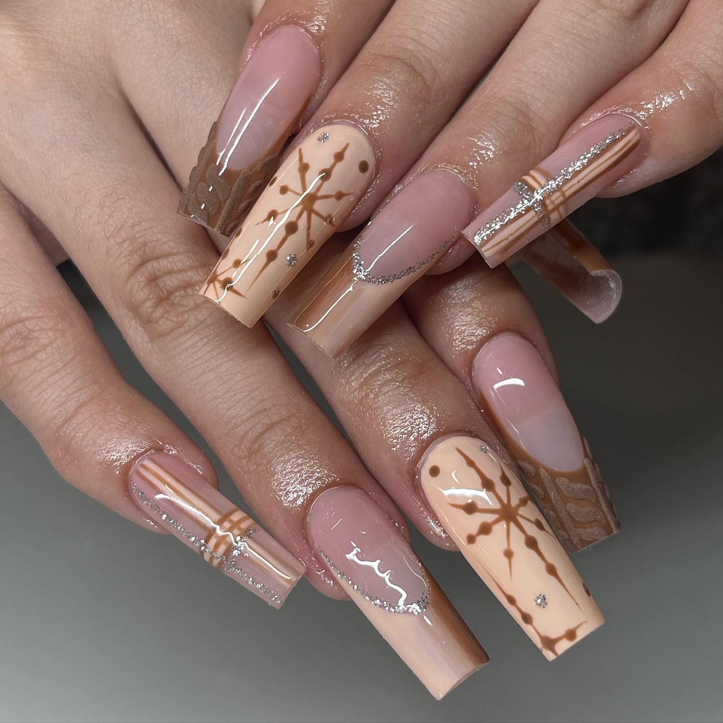 Brown Plaid French Tip Snowflake Nails