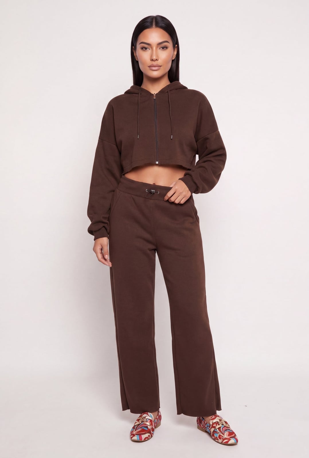 Cropped Zip Hoodie And Embellished Flats, Close-Up Take Cropped Zip Hoodie And Embellished Flats, Close-Up Take — Brown Sweatpants Outfit