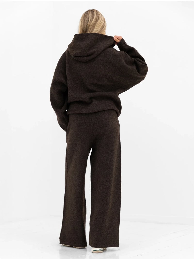 Dark Brown Knit Hoodie And Wide Leg Pants, Close-Up Take Dark Brown Knit Hoodie And Wide Leg Pants, Close-Up Take — Brown Sweatpants Outfit