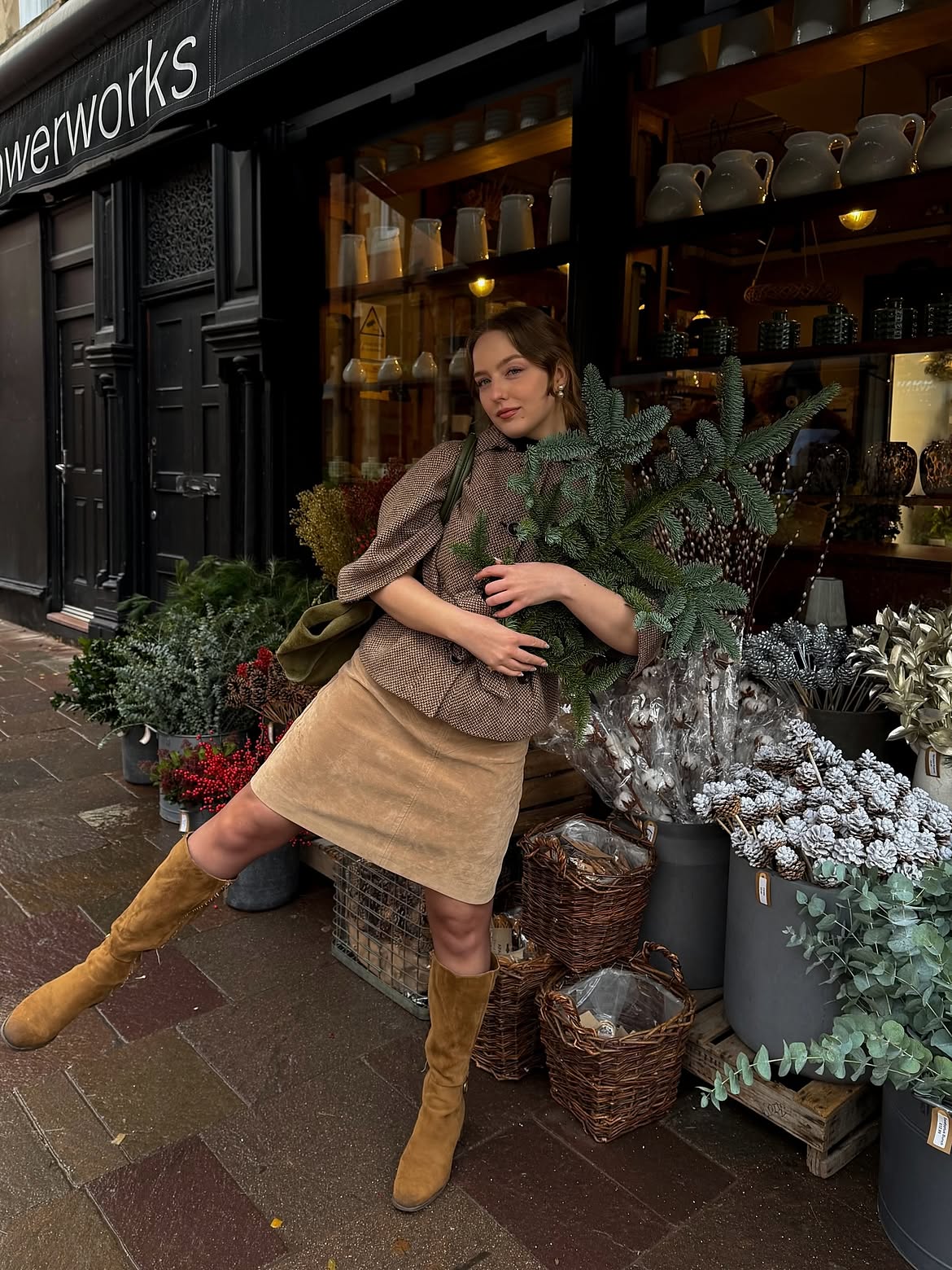 Brown Tweed Jacket And Suede Skirt Winter Outfit