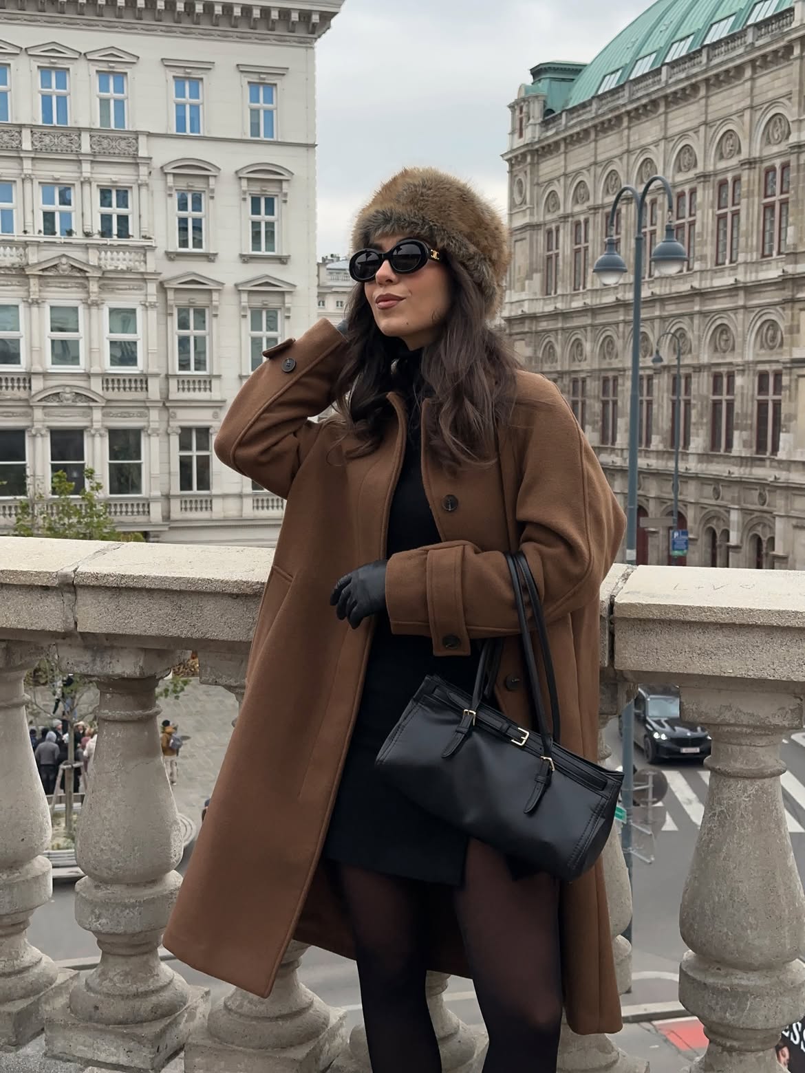 Brown Wool Coat And Faux Fur Hat Winter Look