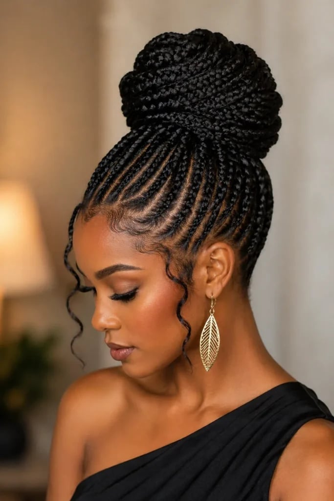High Braided Bun With Face-Framing Tendrils High Braided Bun With Face-Framing Tendrils — Bun Braids