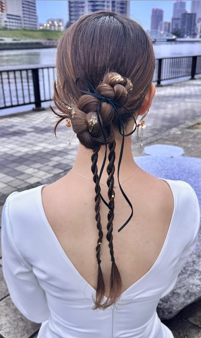 Low Bun With Braids And Ribbon Detail Low Bun With Braids And Ribbon Detail — Bun Braids