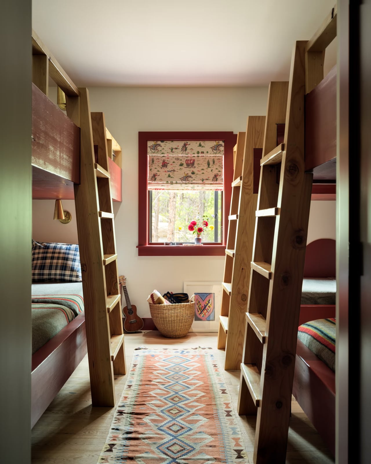 Rustic Bedroom with Two Sets of Wooden Bunk Beds and Themed Window Rustic Bedroom with Two Sets of Wooden Bunk Beds and Themed Window — Bunk Bed Ideas