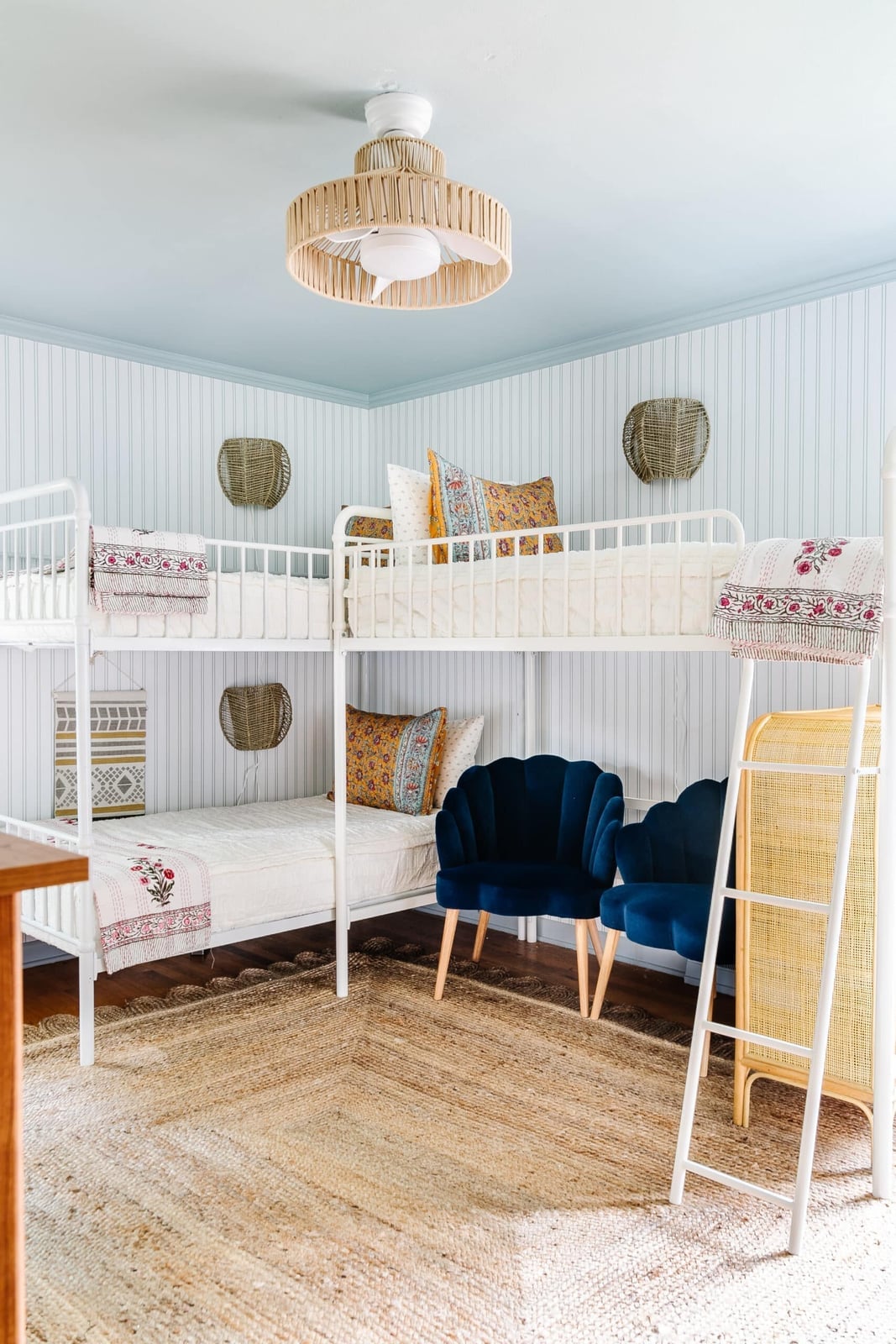 Coastal Bedroom with White Metal Bunk Bed and Blue Velvet Chairs Coastal Bedroom with White Metal Bunk Bed and Blue Velvet Chairs — Bunk Bed Ideas