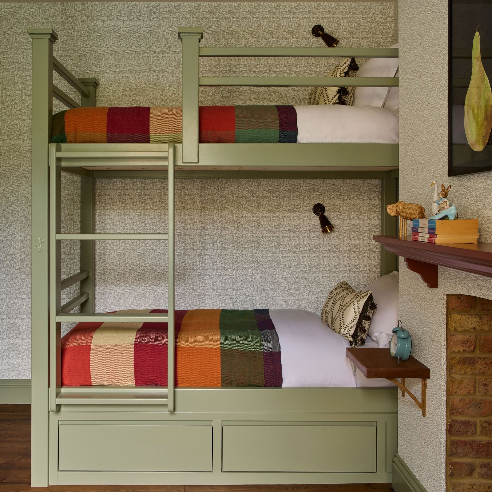 Traditional Sage Green Bunk Bed with Plaid Blankets and Fireplace Traditional Sage Green Bunk Bed with Plaid Blankets and Fireplace — Bunk Bed Ideas