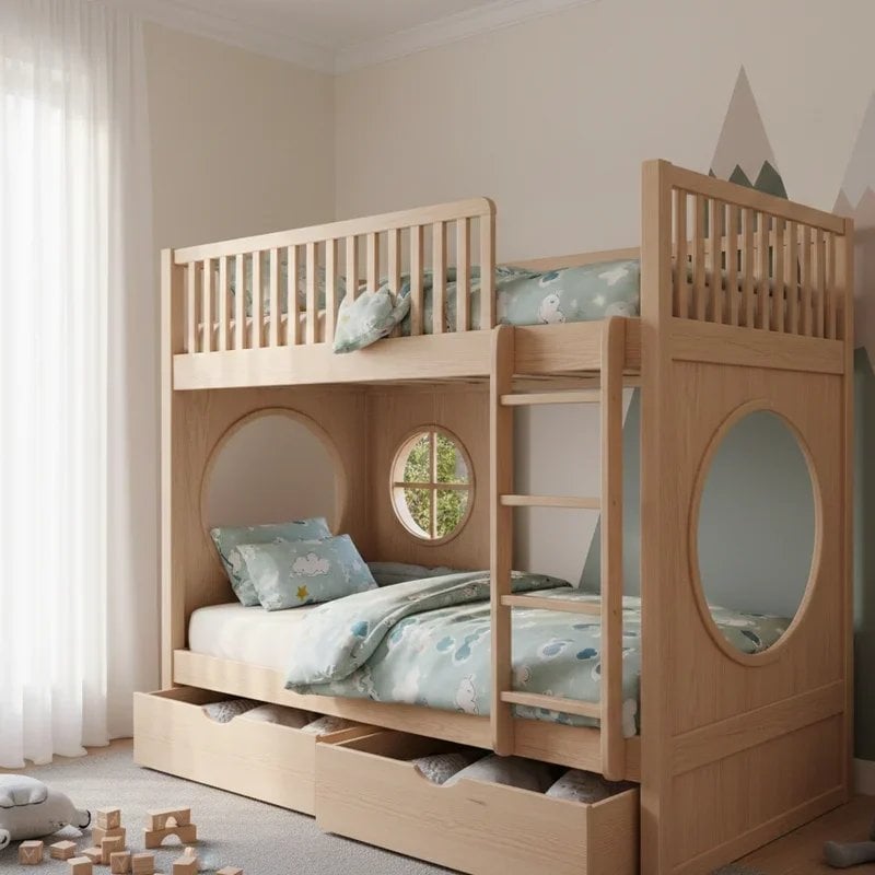 Japandi Bunk Bed with Circular Window and Integrated Drawers Japandi Bunk Bed with Circular Window and Integrated Drawers — Bunk Bed Ideas