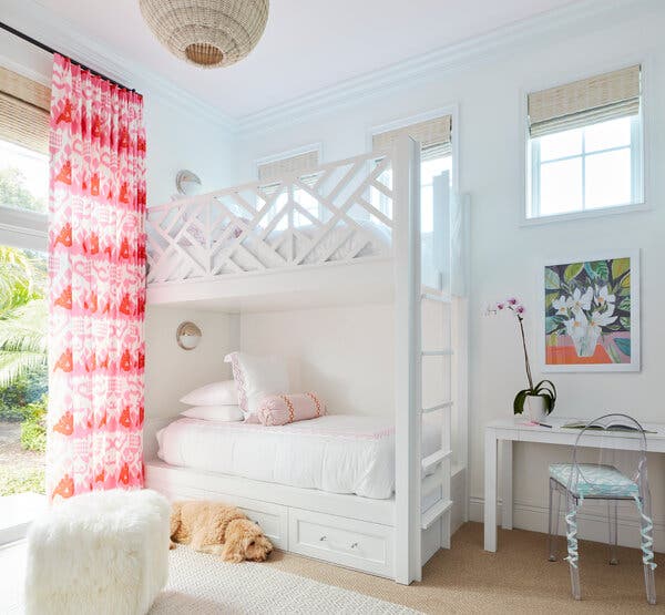 Coastal White Bunk Bed with Patterned Curtains and Ottoman Coastal White Bunk Bed with Patterned Curtains and Ottoman — Bunk Bed Ideas