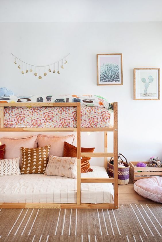 Boho Bedroom with Natural Wood Bunk Bed and Layered Linen Bedding Boho Bedroom with Natural Wood Bunk Bed and Layered Linen Bedding — Bunk Bed Ideas