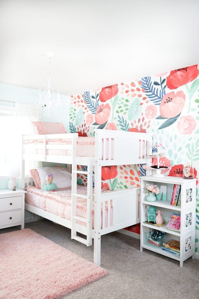 Girly Bedroom with White Bunk Bed and Vibrant Floral Wallpaper Girly Bedroom with White Bunk Bed and Vibrant Floral Wallpaper — Bunk Bed Ideas
