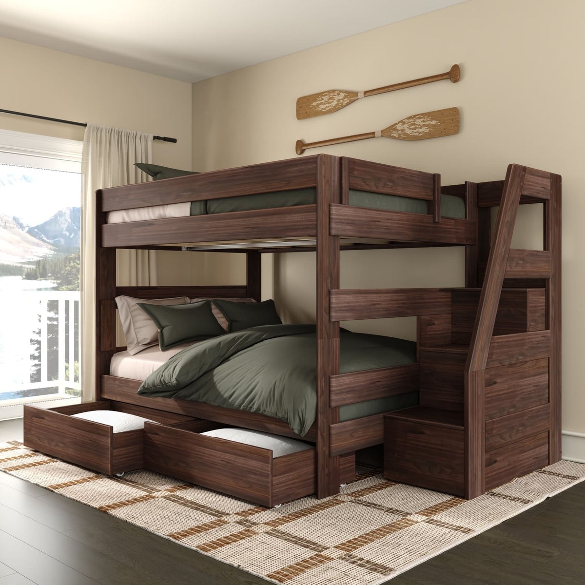Rustic Modern Queen Over Queen Bunk Bed with Integrated, Close-Up Take Rustic Modern Queen Over Queen Bunk Bed with Integrated, Close-Up Take — Bunk Bed Ideas