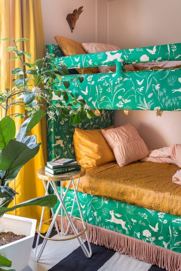Boho Green Upholstered Bunk Bed with Botanical Print and Fringe Boho Green Upholstered Bunk Bed with Botanical Print and Fringe — Bunk Bed Ideas