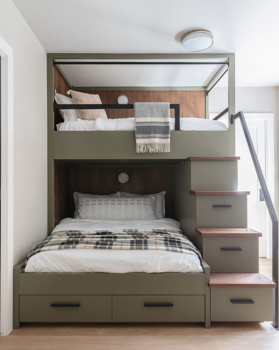 Olive Green Bunk Bed Unit with Wood-Accented Storage Stairs Olive Green Bunk Bed Unit with Wood-Accented Storage Stairs — Bunk Bed Ideas