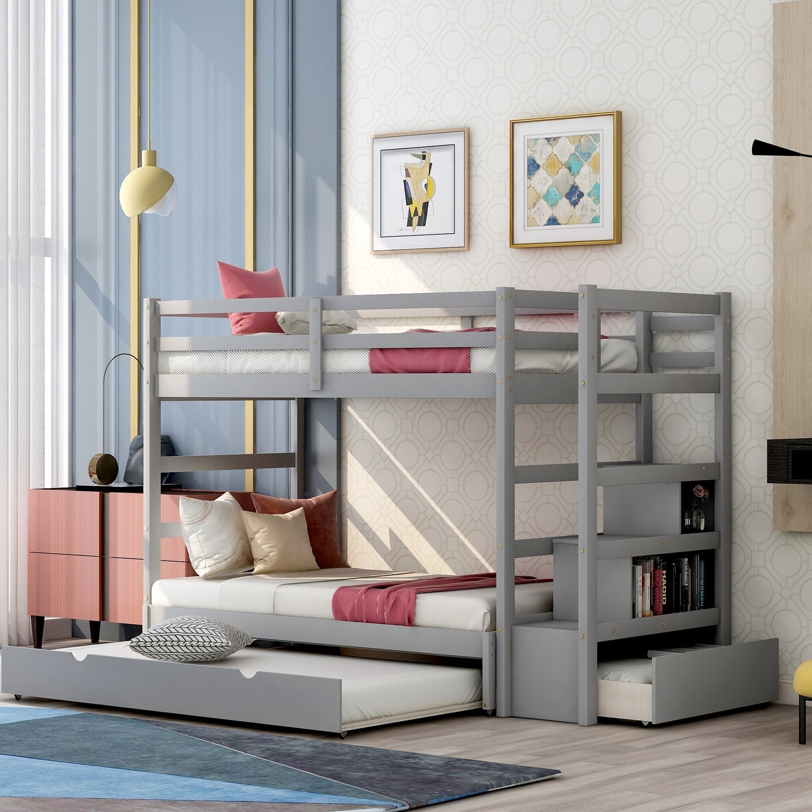 Modern Gray Bunk Bed with Pull-Out Trundle and Pink Accents Modern Gray Bunk Bed with Pull-Out Trundle and Pink Accents — Bunk Bed Ideas