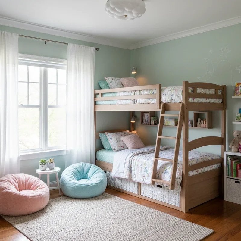 Modern Farmhouse Bunk Bed with Mint Green Walls and Bean Bags Modern Farmhouse Bunk Bed with Mint Green Walls and Bean Bags — Bunk Bed Ideas