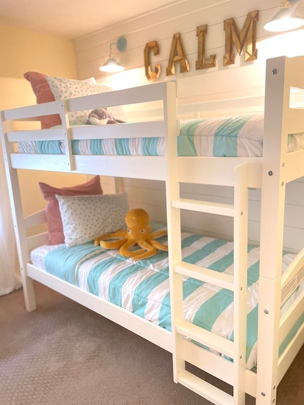 Coastal White Bunk Bed with Aqua and Teal Striped Bedding on Shiplap Coastal White Bunk Bed with Aqua and Teal Striped Bedding on Shiplap — Bunk Bed Ideas