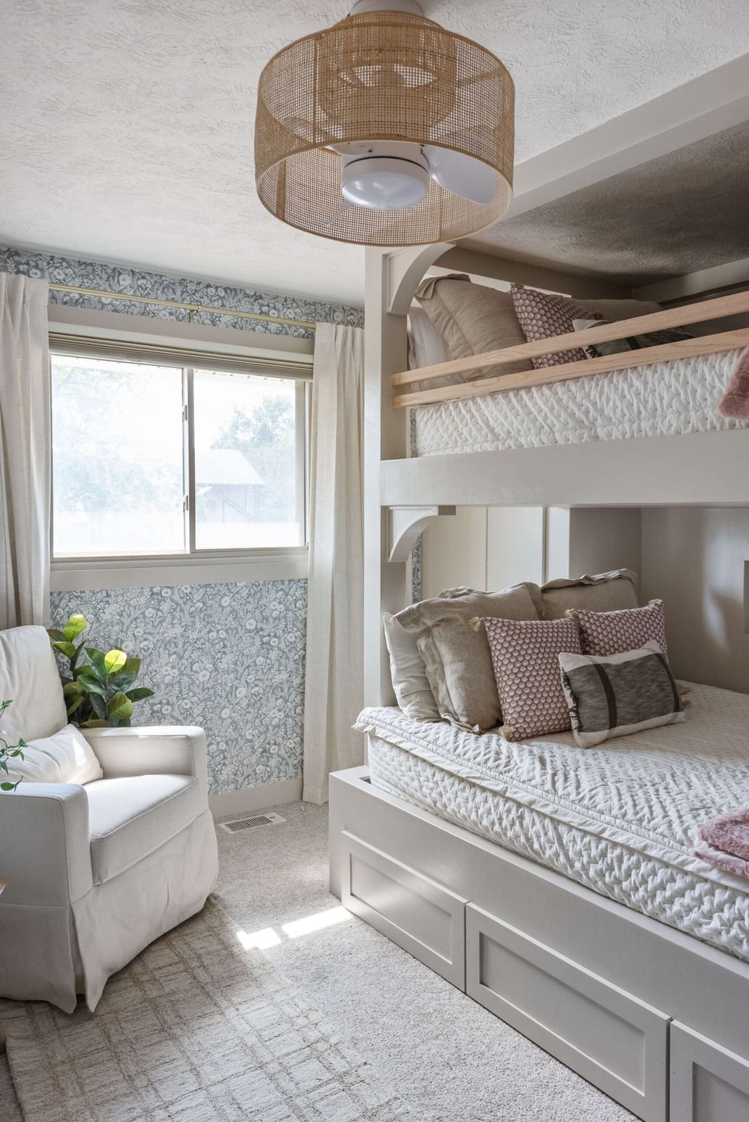 Modern Farmhouse Bunk Bed with Blue Floral Wallpaper and Rattan Fan Modern Farmhouse Bunk Bed with Blue Floral Wallpaper and Rattan Fan — Bunk Bed Ideas